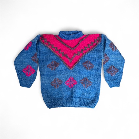 Vintage Artesanias Andinas Handmade 100% Wool Sweater Ecuador Blue Pink M/L - Picture 1 of 10
